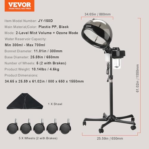 VEVOR Standing Hair Steamer for Deep Conditioning, Professional 11.81-inch Hooded Ionic Hair Steamer with 2 Modes, Height-Adjustable Hair Steamer with Timer, 5 Wheels (2 Lockable) for Home Salon Use - Image 7