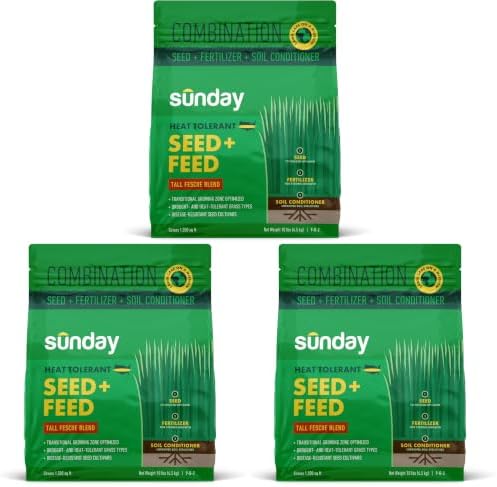 Sunday Heat Tolerant Seed + Feed - 3-in-1 Grass Seed, Fertilizer, & Soil Conditioner - Strengthens Lawns Against Heat & Drought - Covers 1,500 sq. ft. - 10lbs (Pack of 3) by SundayYardandGarden