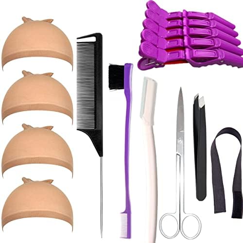 Wig Kit for Lace Front Wigs for Beginners 7Pcs, Lace Melting Elastic Band for Wigs, Edge Laying Scarf with Wig Caps, Eyebrow Razors, Tweezers, Edge Brush, Wig Grip Headband, Mini Scissors by Miaubaa
