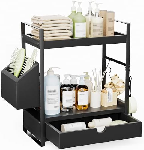 2-Tier Bathroom Counter Organizer, Wooden Vanity Shelf with Drawer & Basket by Unknown