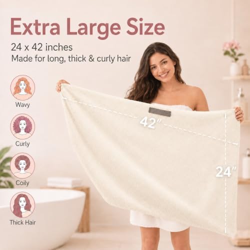 Large Microfiber Hair Wrap Towel for Women, Quick-Dry (Ivory White) - Image 3