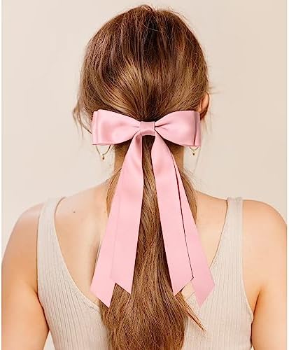 2PCS Silky Satin Hair Bows Hair Clip Pink White Hair Ribbon Ponytail Holder Accessories Slides Metal Clips Hair Bow for Women Girls Toddlers Teens Kids - Image 7