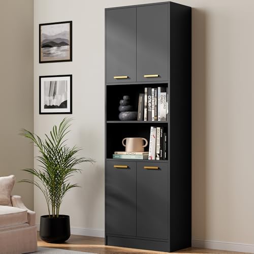 Cozy Castle Kitchen Pantry Cabinet, 75" Tall Wood Storage Cabinet with Doors and Shelves, 4 Doors Open Countertop Utility Hutch Cupboard for Dining Room Living Room Bathroom Furniture, Black by CozyCastle