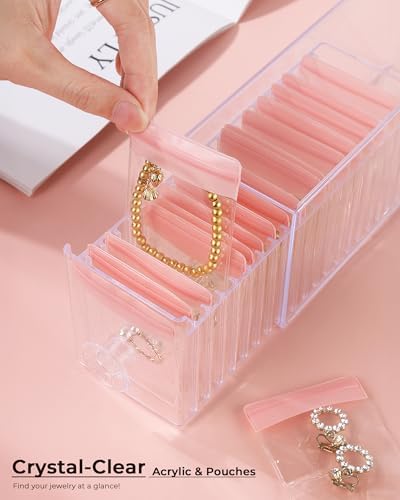 HOMEHIVE Clear Acrylic Jewelry Organizer Box with 20 Portable Pouches, Jewelry Storage Case for Women Girls, Tangle-Free, Anti-Tarnish, Compact Storage for Necklaces/Earrings/Rings, Upgraded Pink - Image 5