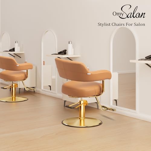 OmySalon Barber Chairs for Barbershop Brown and Gold Styling Chair, Salon Chair for Hair Stylist Heavy Duty Hydraulic Pump, 360°Swivel with Footrest, Hairdressing Home Beauty Spa Braiding Equipment - Image 3
