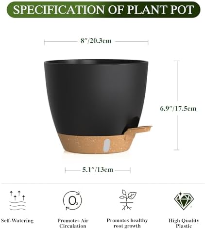 Self Watering Pots with Drainage Holes, 2 Pack 8 Inch Plant Pots with Water Level Indicator Deep Reservoir, Large Plastic Planter for Indoor Outdoor Plants - Black Brown - Image 2