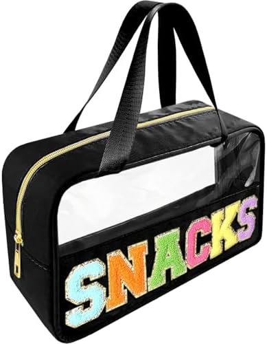 Bunliuys Chenille Letter Clear Makeup Bag Snacks Patch, Travel Toiletry Makeup Bag with Handle, Nylon Waterproof Makeup Bags clear cosmetic bag, preppy patch makeup bag for Women (SNACKS-Black) by Bunliuys