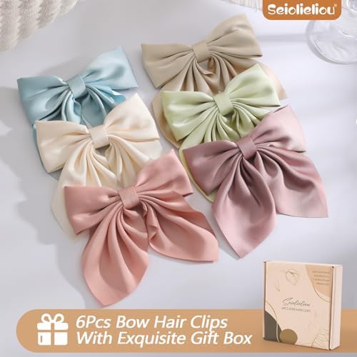 Seiolieliou 6Pcs Hair Bows for Women, Silky Satin Bow Hair Clips for Girls - Image 7