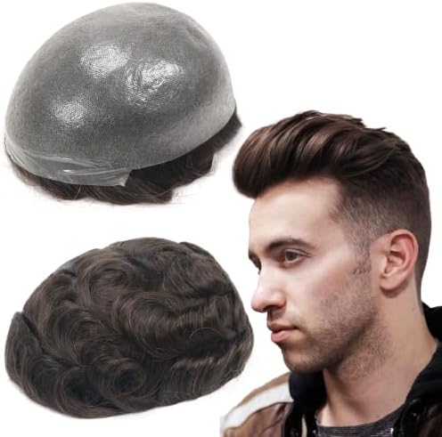 0.03mm Toupee Ultra Thin Skin PU Mens Hairpiece Silky Soft Real Human Hair Replacement System 2# Dark Brown Toupee Undetectable Mens Hair Prosthesis Unit Invisible V-loop Hairline 8x10 by lumeng