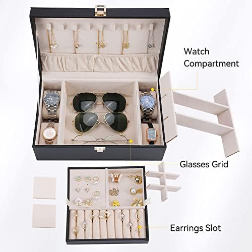 LANDICI 2-Layer Jewelry Box with 4 Watch Slots and Removable Tray, Black - Image 4