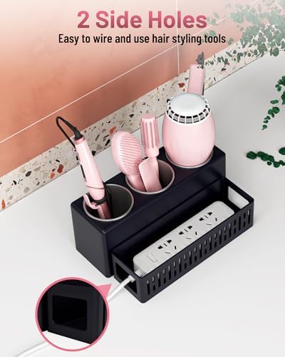 Hair Tool Organizer, Detachable Hair Dryer Holder with 3 Stainless Steel Cups, Wall Mounted Bathroom Organizers and Storage for Accessories, Curling Irons, Straighteners, Toiletries, Makeup - Image 4
