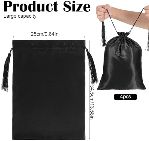 4Pcs Wig Storage Bags,Satin Bags with Drawstring Tassel Silk Wig Bag Hair Bag Storage for Multiple Wigs,Bundles,Hair Extensions(Black) - Image 2