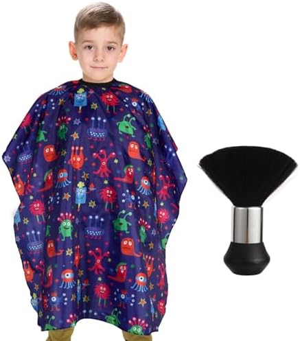 Kids Barber Cape with Neck Duster Brush, Professional Salon Hair Cutting Cape with Adjustable Snap Closure(Cartoon Monster) by YELEGAI