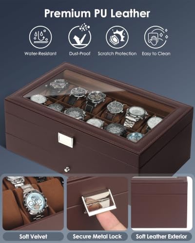 Kukikan Mens Watch Box Jewelry Organizer,12-Slot 2-Layer Watch Case -Brown - Image 4