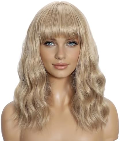 Sebast Pastel Bob Wigs with Bangs for Women Loose Wavy Wig Pastel Wavy Shoulder Length Bob Synthetic Cosplay Wig for Girl Colorful Costume Wigs (Blonde) by Sebast