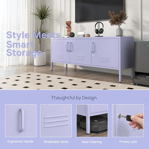 Purple Media TV Stand with Lock, 3 Door Metal Accent Cabinet with Adjustable Shelves, Steel Storage Sideboard for Living Room Bedroom Entrancy 22" H X 47.3" W X 13.8" D - Image 5