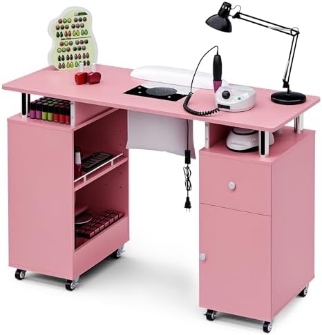 Manicure Table Nail Desk with Dust Collector & Wheels (Pink) by HolaiNail