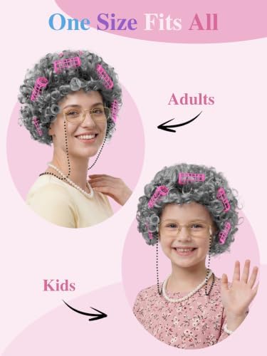 URATOT 5 Pieces Halloween Old Lady Wig Costume Set Grandma Wig Hair Rollers Glasses Chain Necklace Bracelet - Image 3