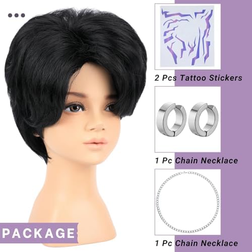 PUREHAIR Kids Short Black Wig with Tattoos for Boys Costume - Image 5