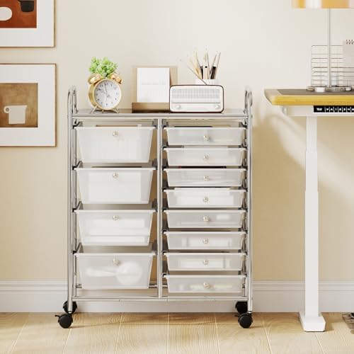 Giantex 12 Drawer Rolling Cart with Drawers, Storage Organizer Cart for Classroom Office School Teacher, Mobile Drawer Cart for Tools, Crafts, Small Printer, Clear - Image 4