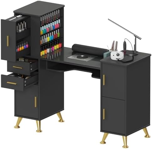 Kikihouse Nail Desk Manicure Table with Dust Collector & Glass Top (Black) by Kikihouse