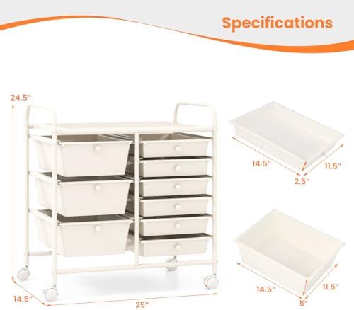 Giantex 9 Drawers Rolling Cart, Classroom Organizers, Storage Cart with Wheels, for Teacher Office Home School Supplies Tool Craft Art Paper, Ivory - Image 3