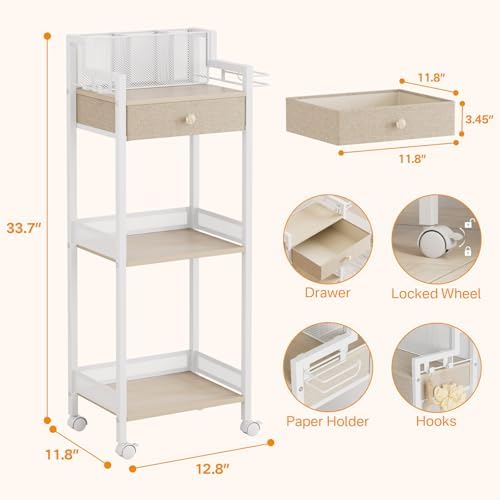 3 Tier Bathroom Organizer Shelf with Drawer, Rolling Makeup Cart - Image 4