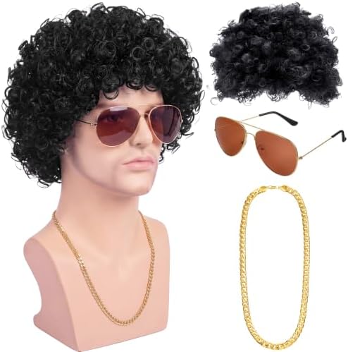 Gejoy Mens Disco Costume Set, 70s Afro Wig Glasses Chain, Black Hair - Image 5
