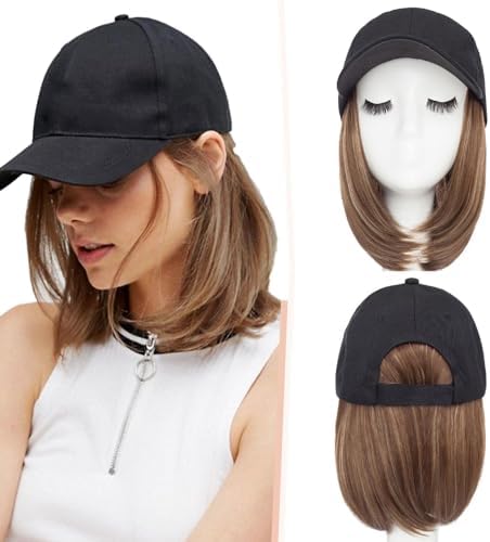 SEGO Baseball Cap with Hair Extensions for Women Heat Resistant Synthetic 6" Adjustable Short Straight Hairpiece Replacement Wigs in Black Hat for Girls 10P22T Medium Brown Mix Dark Blonde by SEGO