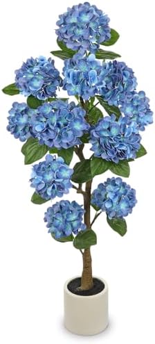 Hollyone 4FT Blue Hydrangea Artificial Flowers Tree Large Real Touch Faux Silk Hydrangea Plants Potted Fake Flower in White Pot for Home Indoor Outdoor Front Porch Garden Entrance Living Room Decor by Hollyone