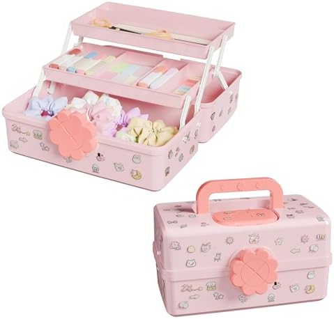 Covetree Hair Accessories Organizer with Handle sewing organizer，Lockable Three-Layer Multipurpose Art Supplies Storage Box and Storage Plastic Jewelry Box (pink) by Unknown