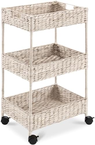 Best Choice Products 3-Tier Water Hyacinth Rolling Nursery Caddy w/Wheels, Utility Cart, Storage Organization for Bathroom, Craft Room, Laundry Room - Whitewash by BestChoiceProducts