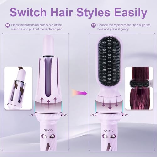 CHIKYO 3 in 1 Multifunctional Hot Tool, Automatic Curling Irons with 2 Ceramic Barrel(1", 1.25") & Hair Straightener Brush, Hair Curler & Straightening Comb, Purple - Image 7