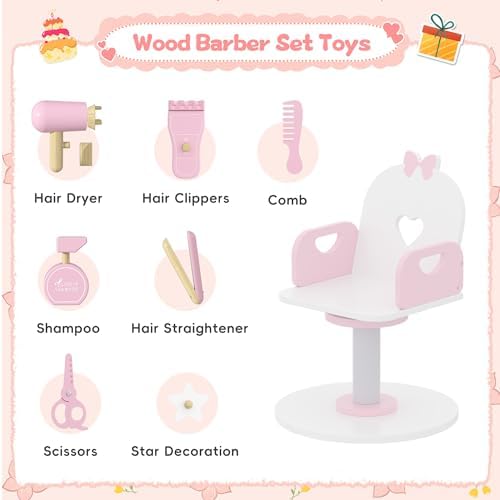 Wooden Kids Vanity Table and Chair Set with Light and Mirror, Princess Makeup Vanity Desk with Barber Chair and Rolling Cart, Pretend Hair Salon Play Set, Toddler Vanity Set for Girls, White - Image 6
