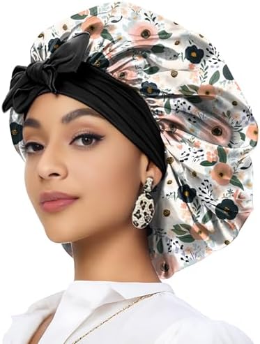 Satin Hair Braid Bonnet for Sleeping Double Layer Elastic Wide Soft Tie Band Hair Silk Lined Sleep Cap Women Girls by Deokke