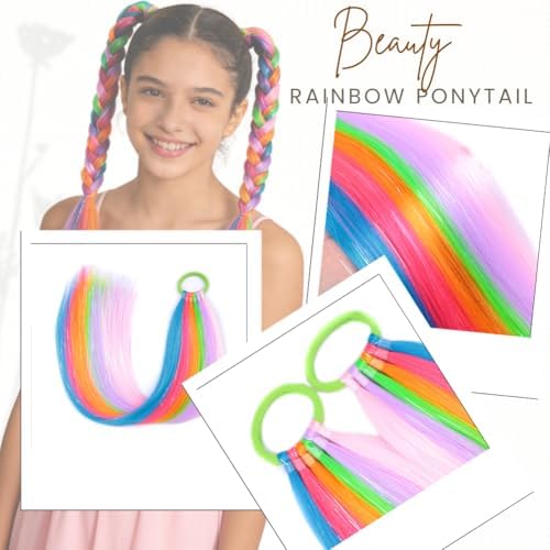 Rainbow Colorful Hair Tinsel Extensions for Women Ponytail Hair With Rubber Band Daily Party Festival Crazy Day Girls Accessories Synthetic Hair Pieces 2pcs/lot - Image 2