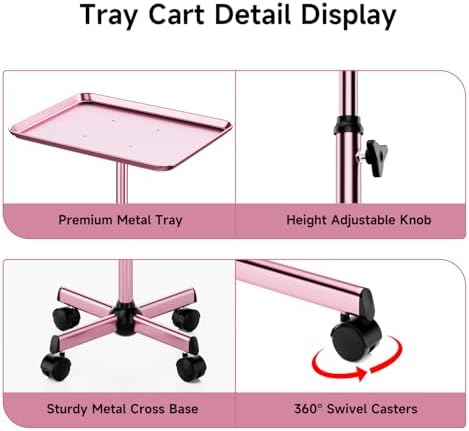 Salon Tray Cart Rolling Tray Spa Tray,Tattoo Tray Dental Tray Height Adjustable,Salon Tray on Wheels Premium Metal Rolling Trolley,Pink - Image 3