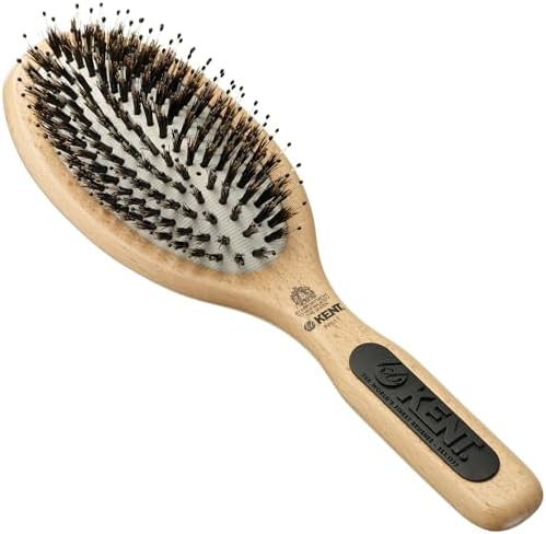 Kent PF01 Large Cushion Detangler Brush, Boar Bristle and Non-Scratch Nylon Mix Hairbrush for Straightening Smoothing. Oval Wood Paddle Detangling Hair Brush for Medium to Long Hair, Made in England by KENT