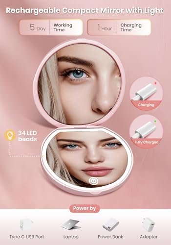 Magnifying Mirror, Rechargeable Compact Makeup Mirror with Light 40X Pink - Image 5