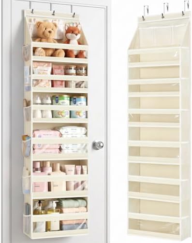 Yecaye 7 Tier Over the Door Organizer, Large Capacity Door Organizer Hanging with Clear PVC Windows, Behind the Door Storage for Bedroom Nursery Closet Laundry Pantry Bathroom, Cream White by Yecaye