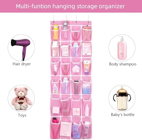 SAVERHO 2 Pack Hanging Shoe Organizer, Over Door Shoe Organizer with 24 Mesh Large Pockets Shoe Storage Bag for Closet Entryway Dorm, Space Saving Hanging Door Shoe Rack Organizer (Pink-2pack) - Image 5