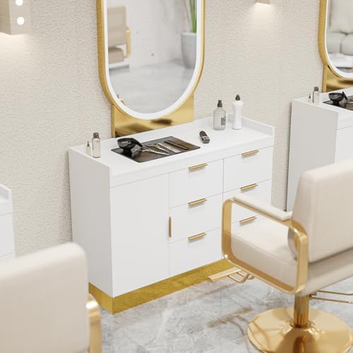 OmySalon Salon Station for Stylists, Free Standing Barber Vanity with 6 Drawers, 1 Cabinet & Adjustable Shelves, Large Storage Hair Beauty Furniture for Barbershop, White Gold - Image 5