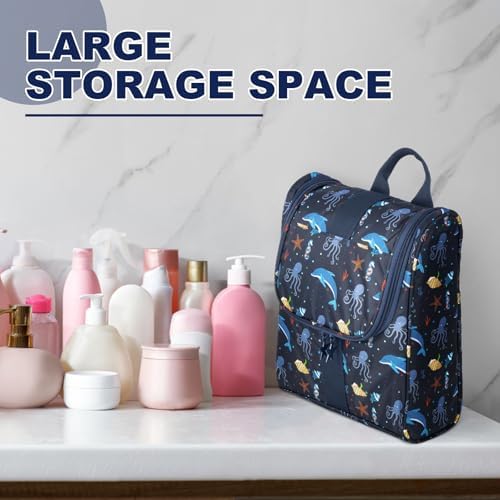 Remobia Hicol Cute Cartoon Hanging Kids Toiletry Bag Children Travel Cosmetic Makeup Organizer Wash Bag Shower bag Over Night Bag Camping Shaving Kit Bag for Boys & Girls (Sea World) - Image 6