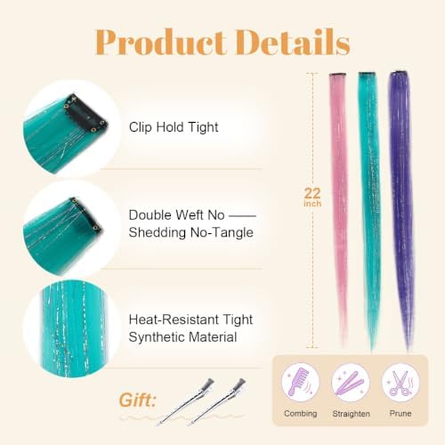 Colored Hair Extensions Mix Tinsel, Clip in Glitter Mermaid Hair for Girls - Image 4
