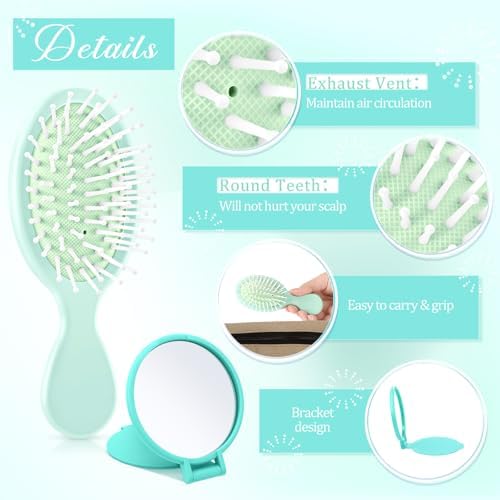 Meanplan 24 Pcs Mini Hair Brush Set Travel Wet Dry Hair Combs Pocket Detangling Compact Folding Makeup Mirrors for Spa Sleepover Birthday Bridal Shower Bachelorette Christmas Party Gift(Light Green) - Image 3