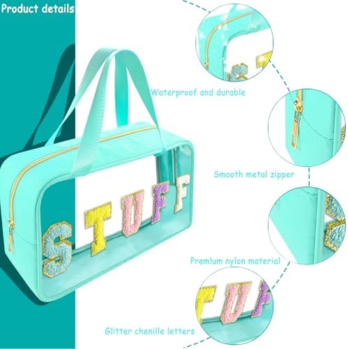 Bunliuys Chenille Letter Clear Makeup Bag with Stuff Patch, Travel Toiletry Makeup Bag with Handle, Nylon Waterproof Cosmetic Bag, Preppy Patch Makeup Bag for Women (Light Blue) - Image 3