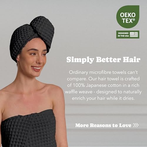 Luxury Organic Japanese Cotton Hair Drying Waffle Towel Wrap for Women | Absorbent, Quick-Dry Head Turban for Shower, Sauna, Spa | Extra Large for Long, Curly, Straight Hair With Button (Black, 1 Pc) - Image 4