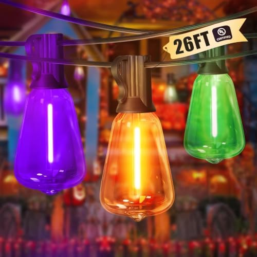 LAMPHOME Orange Purple Green Outdoor Halloween String Lights,26FT ST38 LED Patio Light 12+1 Shatterproof Edison Bulbs, Waterproof Connectable Outside Hanging Lights for Backyard Porch Party Decor by ULL