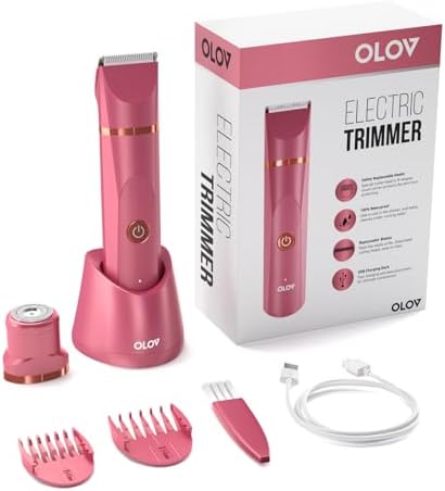 OLOV Electric Body Hair Trimmer - Groin Trimmer for Men - Bikini Trimmer Women - Wet/Dry Shaver Groomer, Replaceable Ceramic Blade Heads, USB Recharge Dock, Waterproof Hygiene Razor, Red - Image 2
