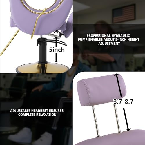 KIGOTY Salon Chair for Hair Stylist, 360° Swivel Reclining Barber Chair for Barbershop, Height Adjustable Hair Chairs, Hairdresser Braiding Styling Chairs, Beauty Spa Equipment (Purple) - Image 5